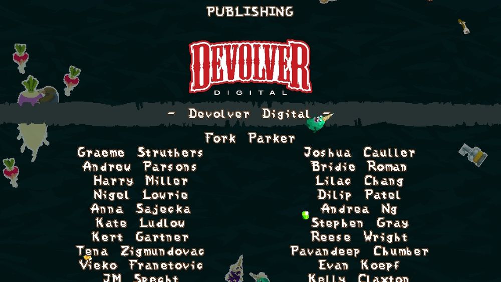 Credits screen showing the publisher Devolver Digital's logo and one of the green goons. Various names under 