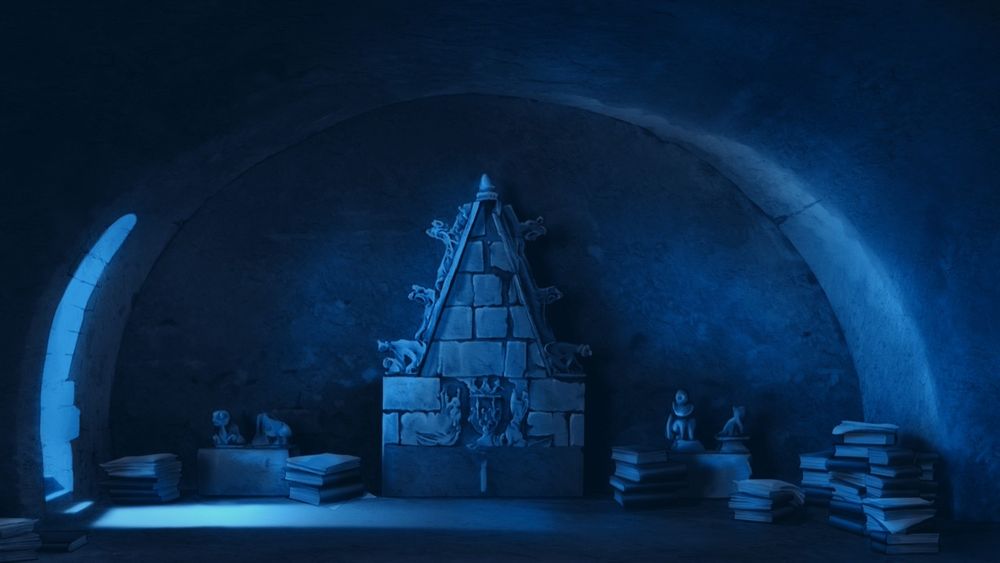 A moonlit room with a shrine and books 