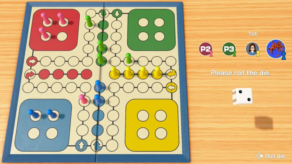 A game of Ludo (Sorry!) for Clubhouse Games: 51 World Classics for the Nintendo Switch 2. The left side is the board, and the right is nondiegetic information and the die.