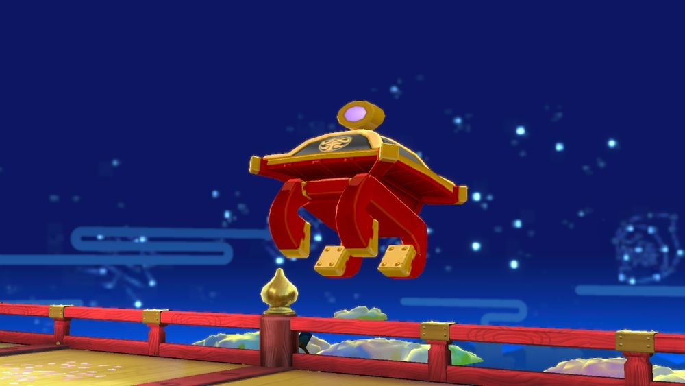 A scene from Bakeru for Nintendo Switch. A red mechanical entity shaped like a roof with four legs.