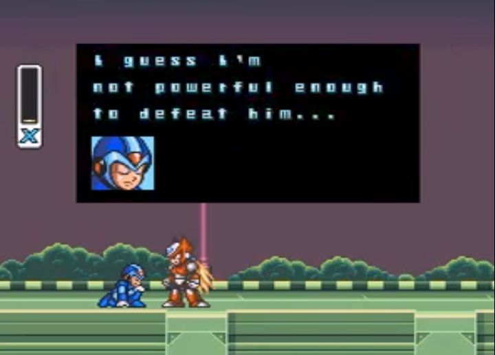 Scene from the end of the opening stage in the Super Nintendo (SNES) video game Mega Man X (on a green road under a dark maroon sky), with X kneeling in front of Zero with little life left. Dialogue box for X: 