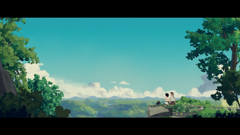 A verdant, vast location, with Lana, Elo, and the little animal looking out from the middle ground.
