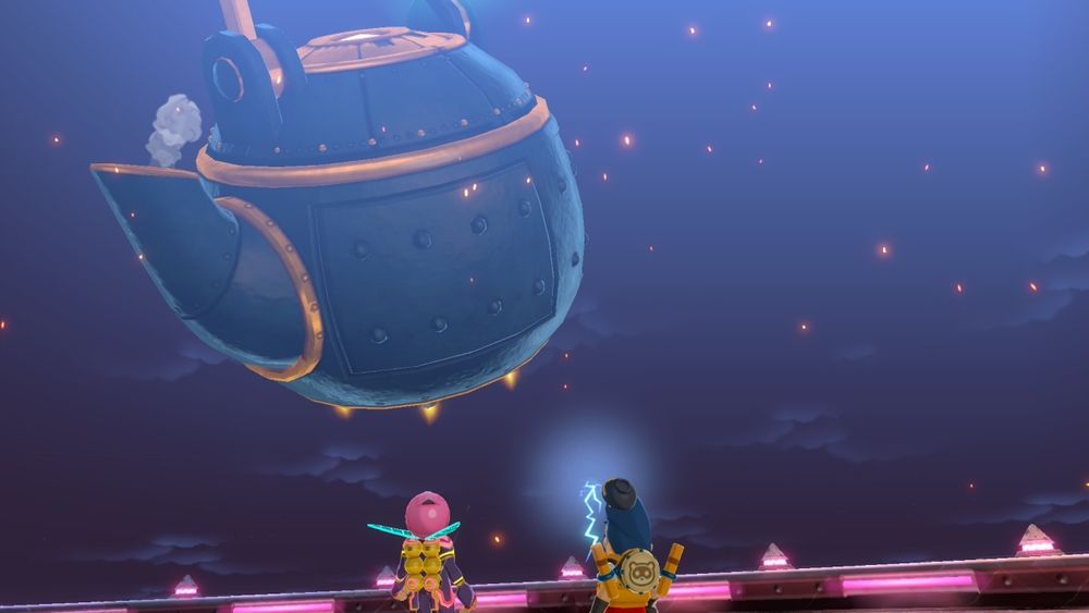 Bakeru and Momotaro look up at a giant metal airship shaped like a teapot.