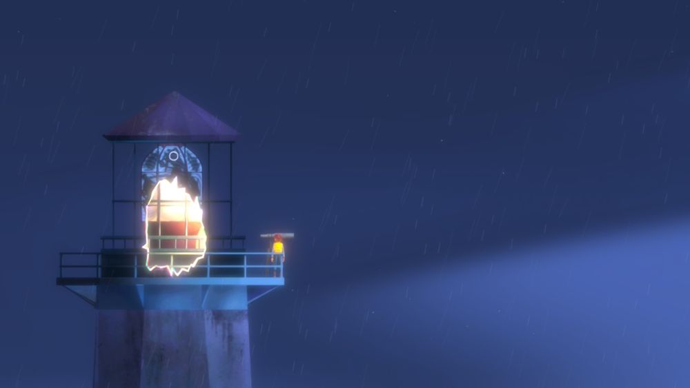 A scene from the aforementioned game, consisting of a lighthouse with a portal opening to some place bright and sunny.