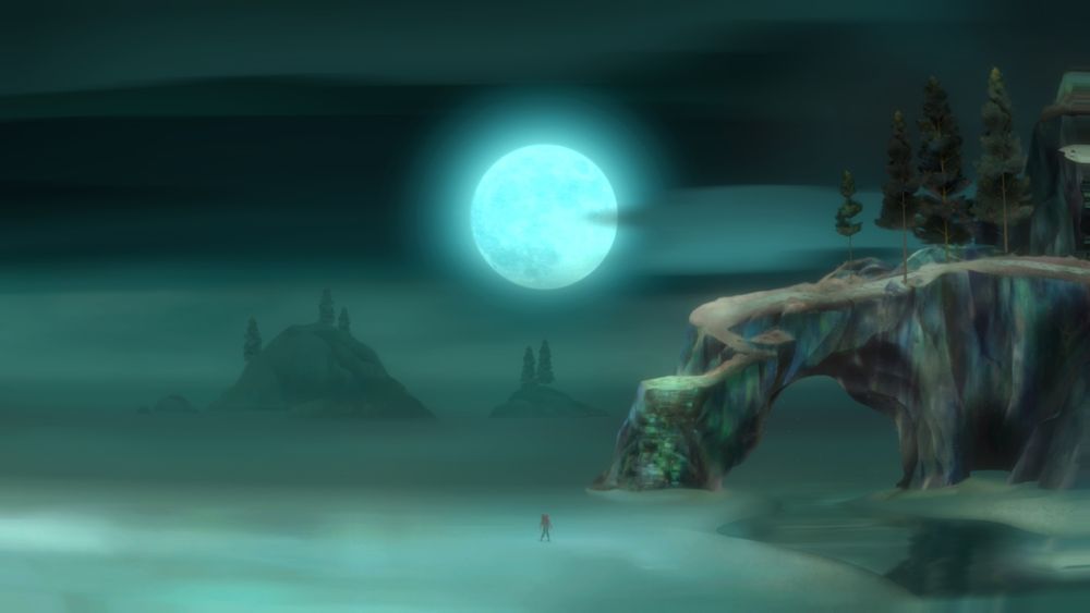 A cliff over a beach at night, with hills and a full moon in the background.