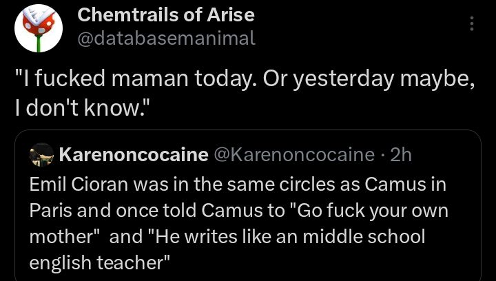 Quote tweet by Chemtrails of Arise. Original tweet by Karenoncocaine: 