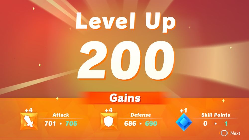 Scene from Ring Fit Adventure for Nintendo Switch, with an orange screen highlighting having leveled up to 200, gaining four points to attack (to 705), another four to defense (to 690) and one skill point (from zero).