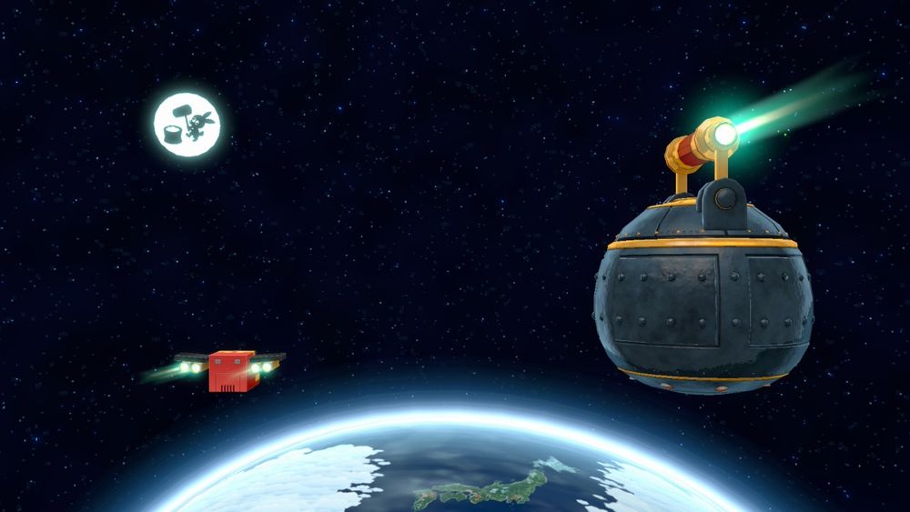 A red dog-like machine flies over Earth with a spaceship shaped like a metal tea kettle. The moon depicts someone in a bunny outfit with a mallet and bucket.