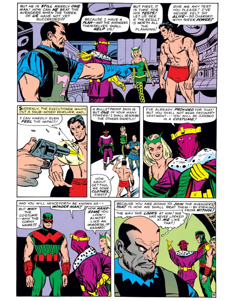 When shot by Skurge the Executioner, Simon Williams revels in the fact that he barely feels the bullets’ impact. Baron Zemo gives him a costume and a new name: Wonder Man! 