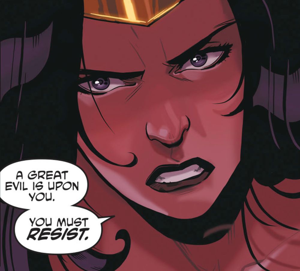 Wonder Woman gives a passionate warning to members of NATO at their headquarters in Brussels, Belgium. 