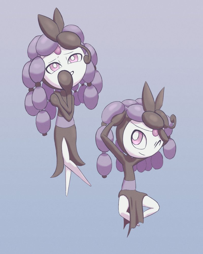 two poses of a made-up form of meloetta with purple hair styled into bubble braids and pink colored eyes.
In the first pose, they smile bashfully while covering half their grin with their hand.
In the second pose, they float in a sitting position while adjusting their hair.