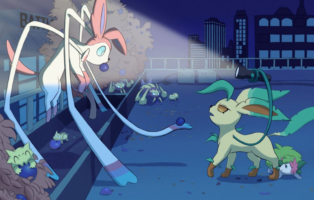 a leafeon investigates her rooftop garden at night with a flashlight. There, she finds a sylveon and several bug pokemon feasting on the berries from the garden. The sylveon is using their ribbons like spider legs, and has an oran berry in their mouth. They appear to be offering the leafeon a berry. The leafeon looks back freaked out.
behind the leafeon is a shaymin land, looking at the sylveon in fright. 3 joltik and two galvantula are also on the rooftop, either eating berries or looking at the two newcomers.