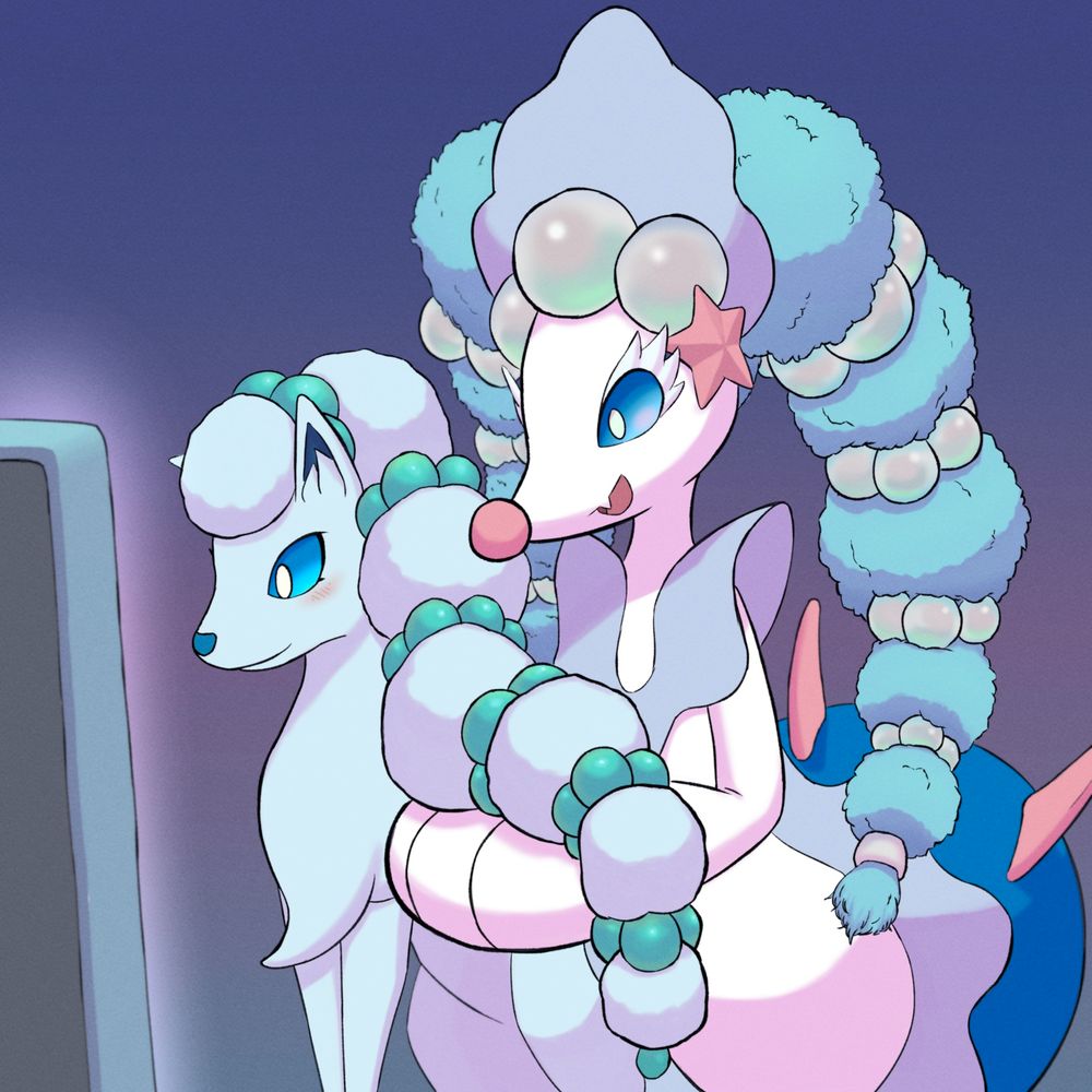 a primarina and an alolan ninetales look together at their reflection in a nearby mirror. the primarina excitedly holds up the ninetales newly styled hair. 
the nintales hair is styled similar to a primarinas hairstyle, sphere sculped with segmented pearls. 
the primarina has a similar style, except as twintails. 
