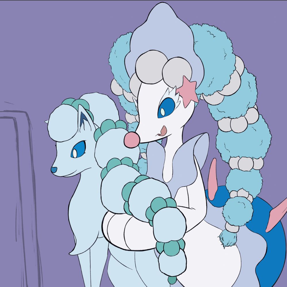 wip. a primarina and an alolan ninetales look together at a nearby mirror. the primarina excitedly holds up the ninetales newly styled hair. 
the nintales hair is styled similar to a primarinas, hair sculpted spherical witth segmented perals. 
the primarina has a similar style, except as twintails. 