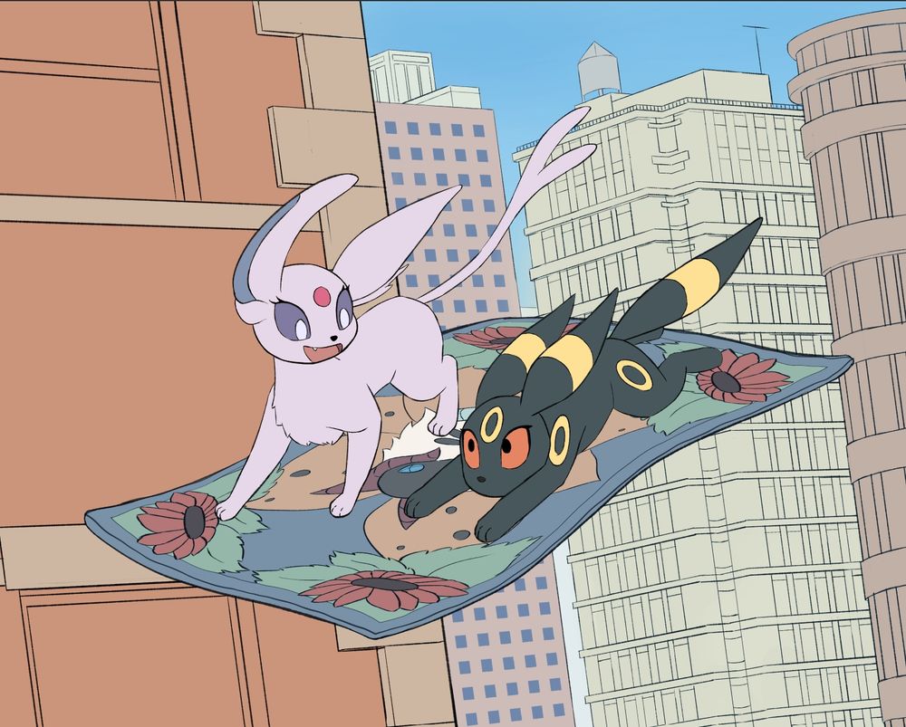 an espeon and an umbreon are riding a carpet flying fast in the city skies. the espeon looks excited while the umbreon hangs on for dear life.
the espeon is making the carpet fly with psychic.