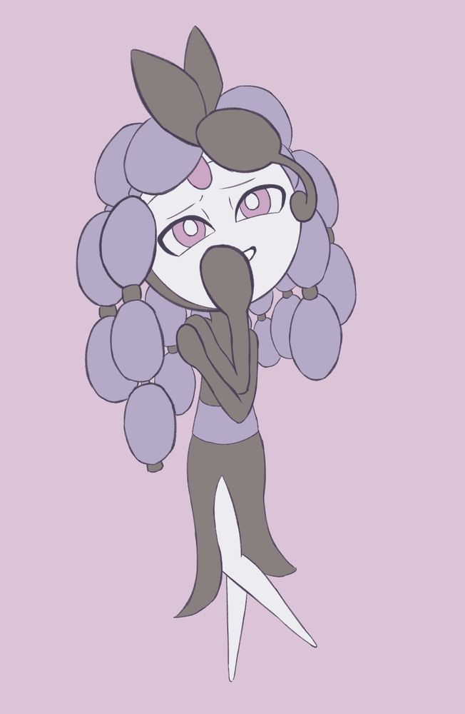 wip. a made-up form of meloetta with purple hair styled into bubble braids. they smile bashfully.