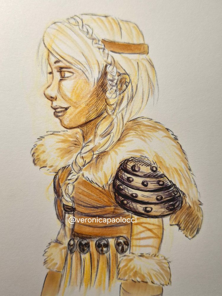 Astrid from How to train your Dragon design from the third movie, drawn in my style with a monochrome warm brown color palette. She's wearing leather and metal armor with lots of fur and she's rocking a big beautiful braid