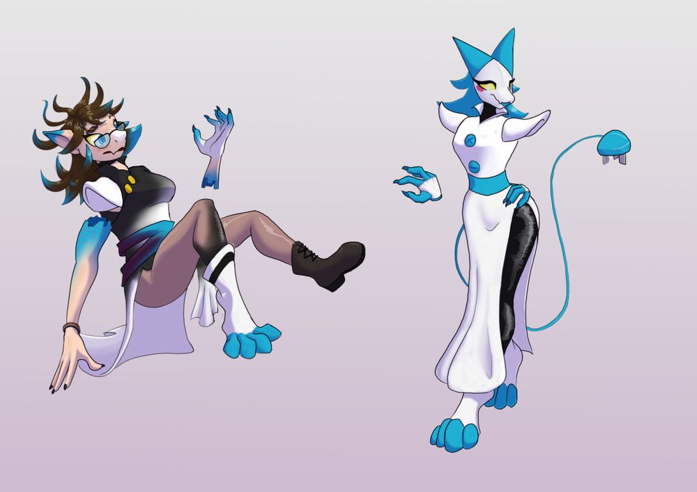 A woman mid tf into Tasque Manager while falling followed by a post tf pose of her as the Tasque Manager