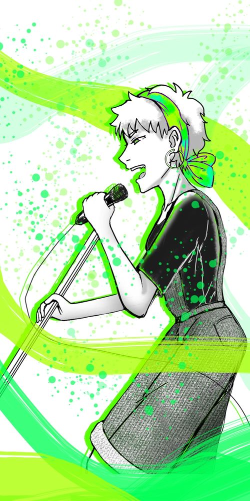 マイクを握って熱唱する緑のバンダナカチューシャを付けたショートヘアの人物のイラスト。背景には緑色のスプラッシュや曲線が描かれ、躍動感がある。