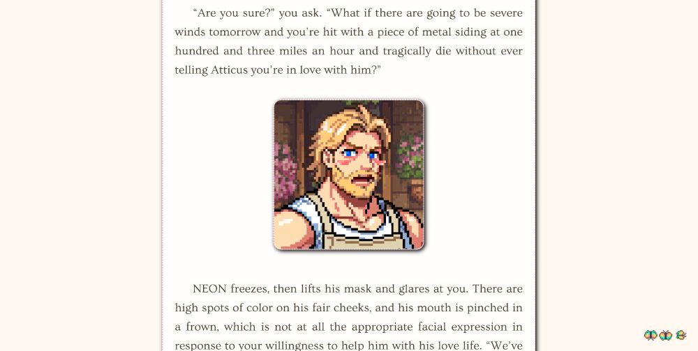A screenshot from the narrative game showing a bearded pixel person with blond hair who looks surprised and blushing