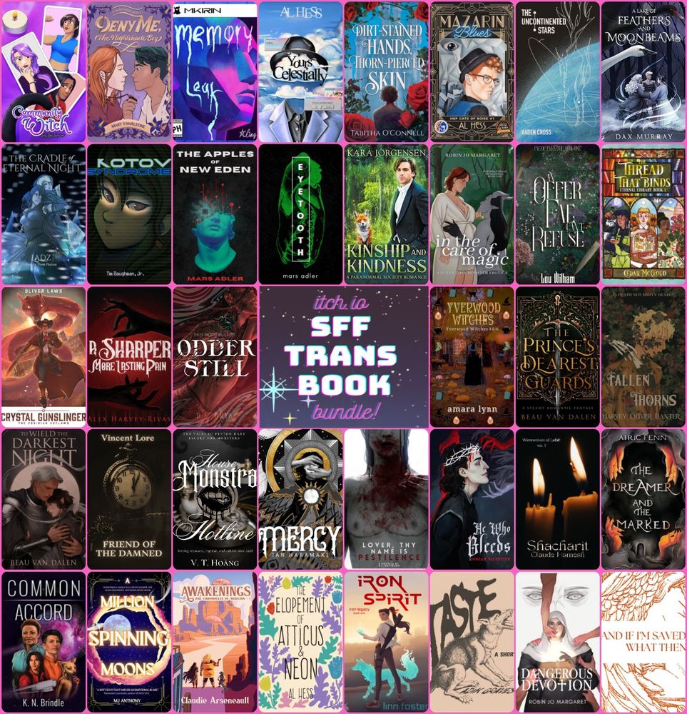 a collage of 38 books from trans sff authors on itchio participating in the sff trans visbility book bundle.