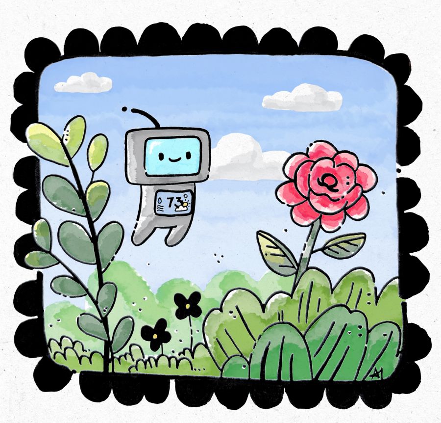An ink and watercolor drawing of a cute robot among flowers