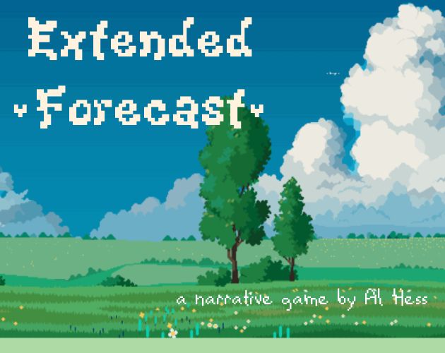 A pixel art landscape with fluffy clouds and a green meadow