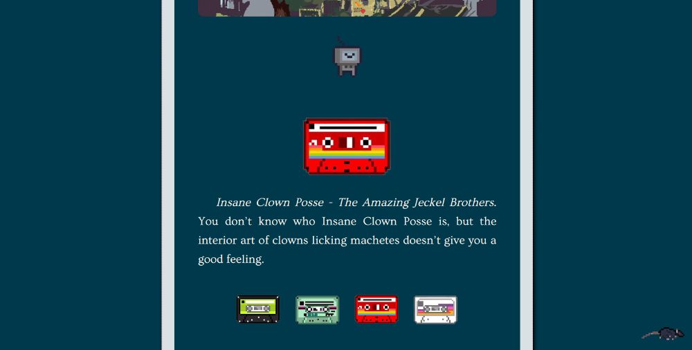 A screenshot from the narrative game show a background of broken skyscrapers, a cute pixel robot, and pixel art cassette tapes
