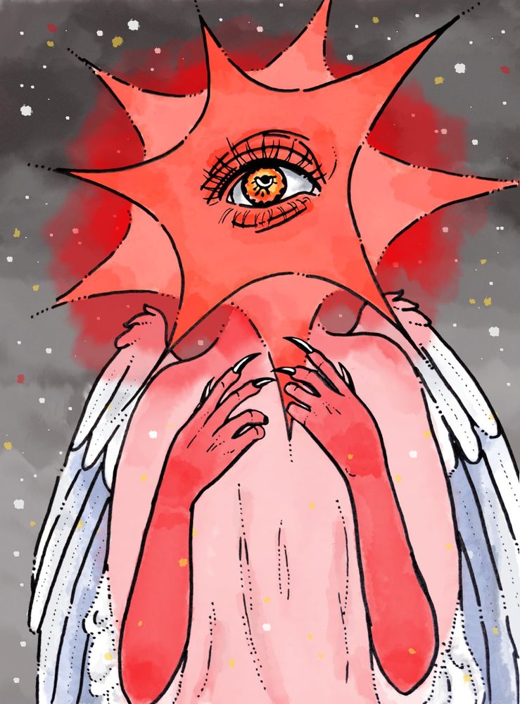 A celestial creature against a black starry background, with a red star for a head and one large eye in the middle of the star. They are wearing a translucent robe, have clawed fingers, and fluffy white feathered wings.