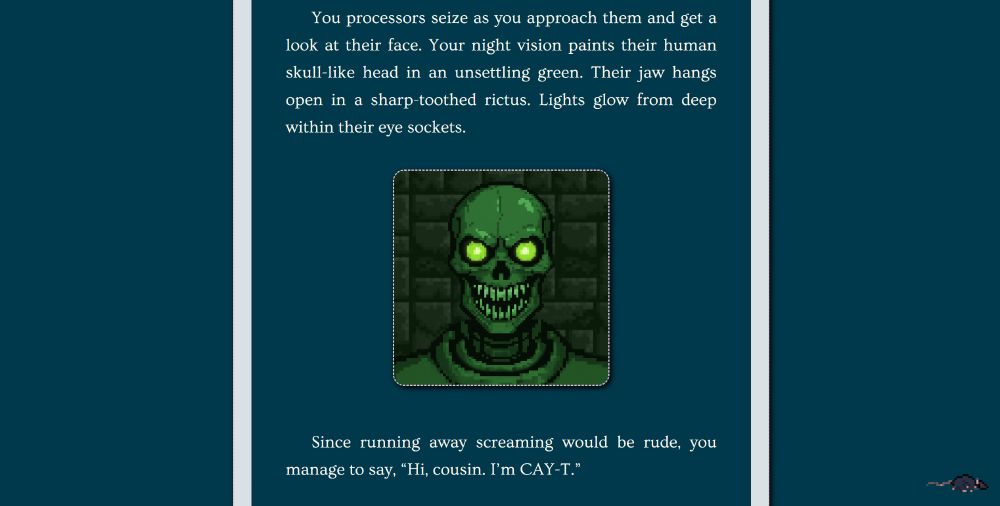 A screenshot from the narrative game showing a terrifying robot with a skull shaped head and glowing eyes