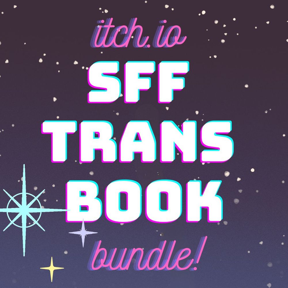 a clipart vaporwave style graphic of a nighttime cityscape with sparkling stars and a full moon. it says" itchio sff trans book bundle! 30+ authors - 3/28 to 3/31"