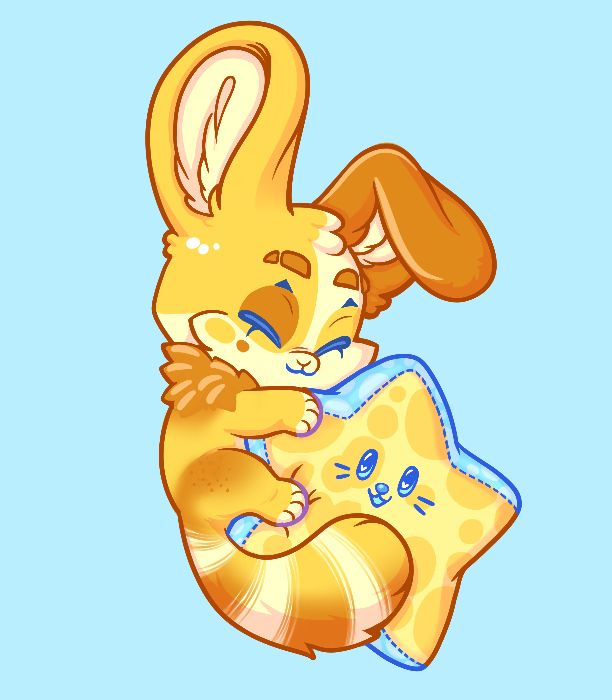 A yellow bunny joyfully cuddling a star-shaped pillow. The pillow has a happy little cat face.