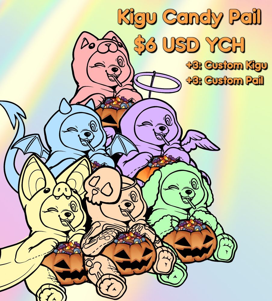 Image description: A rainbow pyramid of cute Kigurumi YCH lines. Pictured are the sample kigurumi lines of a cat, a devil, an angel, a bat, a skeleton, and a sheep. Each is holding a pumpkin candy pail filled with assorted candies.

Text reads: Kigu Candy Pail. Six dollar USD YCH. Plus three dollars for a custom kigu. Plus three dollars for a custom candy pail.