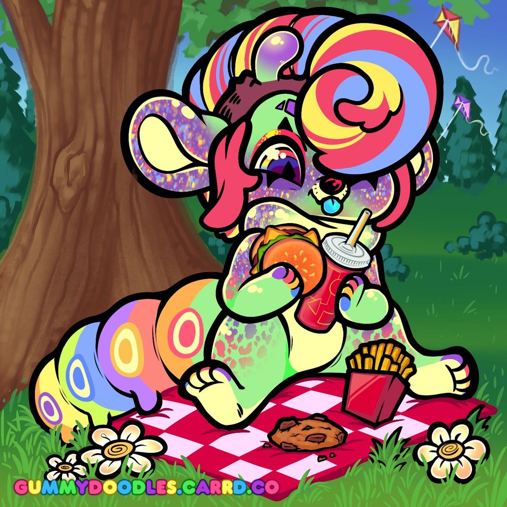 A digital drawing of an anthropomorphic caterpillar-bear hybrid that is sitting on a picnic blanket in a park-like setting. He is holding a cheeseburger and a soda, and a cookie and fries are on the blanket in front of him. Artists' signature is Gummydoodles
