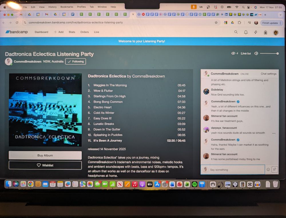 Screenshot of the Bandcamp Listening Party for Dadtronica Eclectica by CommsBreakdown 