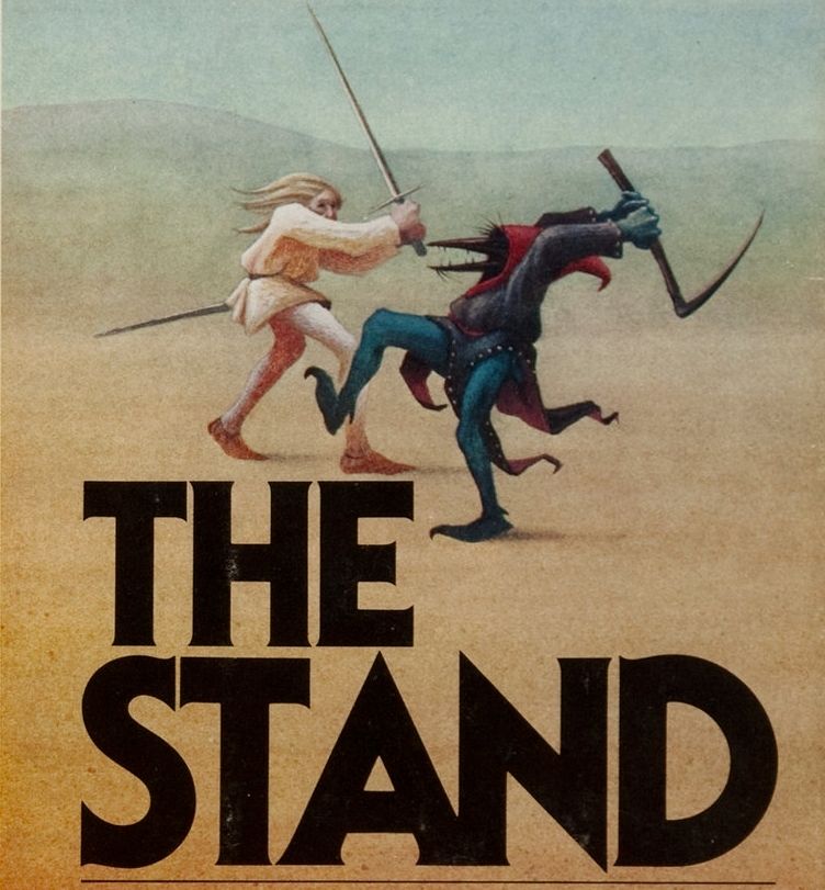 good and evil hit each other with sticks on the cover of Stephen King's the stand