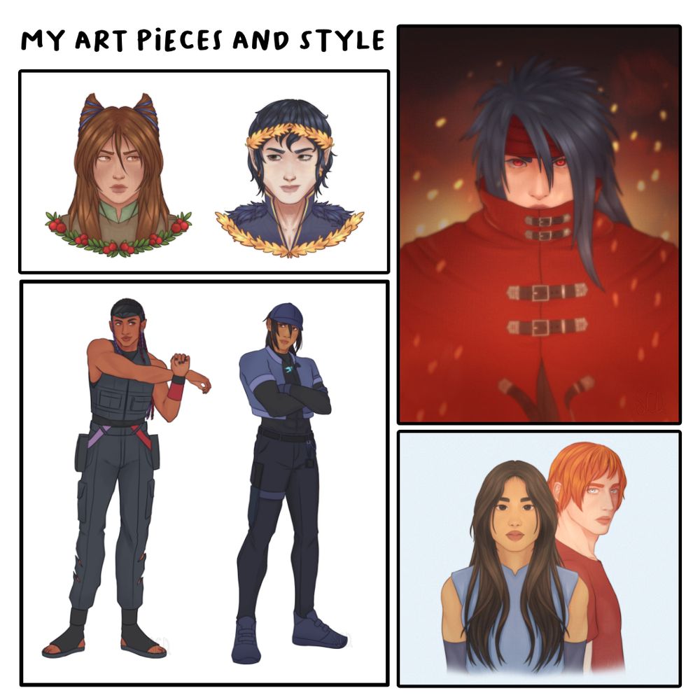 My art pieces and style

First piece on top left is the one with Jude and Cardan from The Cruel Prince looking at each other.

Second piece top right is Vincent Valentine from Final Fantasy 7

Third piece bottom left is my OCS Emil and Kit. 

Fourth piece in bottom right is my ocs Zarni and Arden.