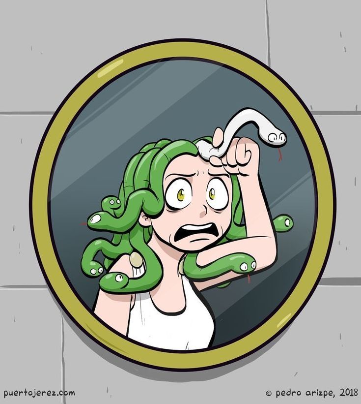 A comic depicting Medusa looking in the mirror, aghast that she has grown one white snake in a head-full of green snakes. 