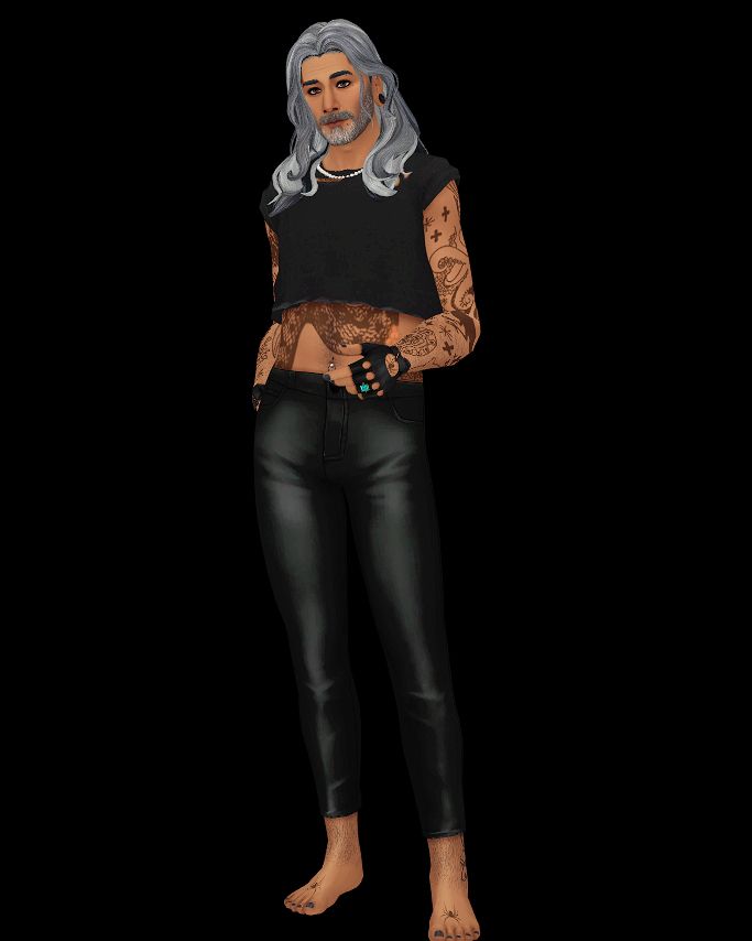 4 screenshots of sim ed, posing in a black crop top and black leather pants