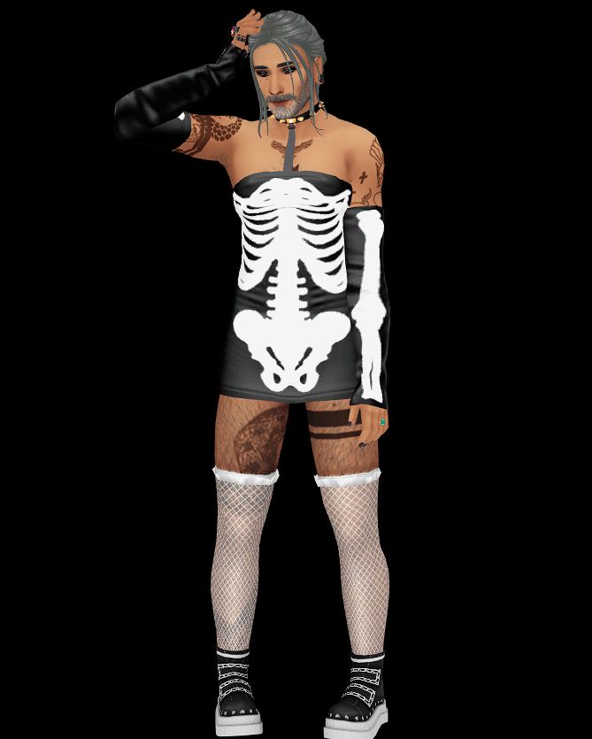 4 screenshots of sim ed posing in a black and white skeleton dress