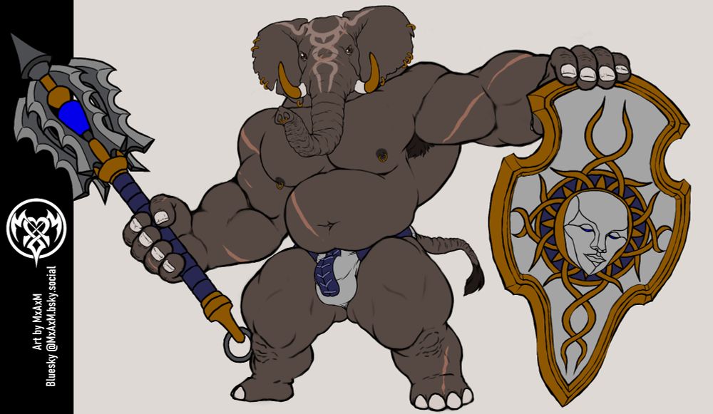 Large male elphant wielding a mace in his right hand and a large, white shield with a face on it. He has multiple scars and wears several piercings in his ears, nipples and the septum of his trunk. His tusks are metal-tipped and he has a stylized sun tattooed across his forehead. He sports lace-up underwear with a large bulge.