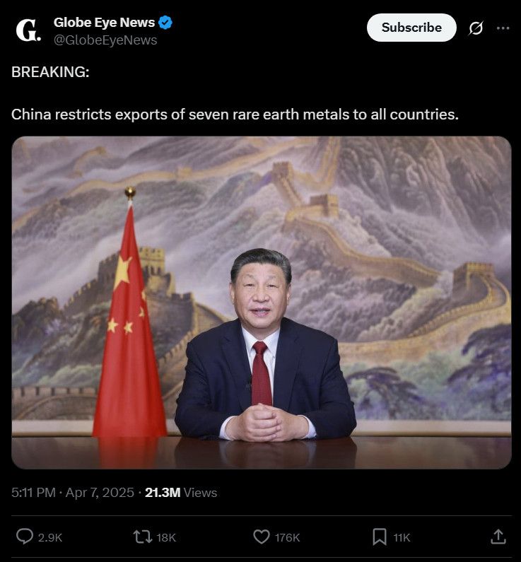 A news article explaining that China is restricting the sale of seven Rare Earth Metals to all other countries.