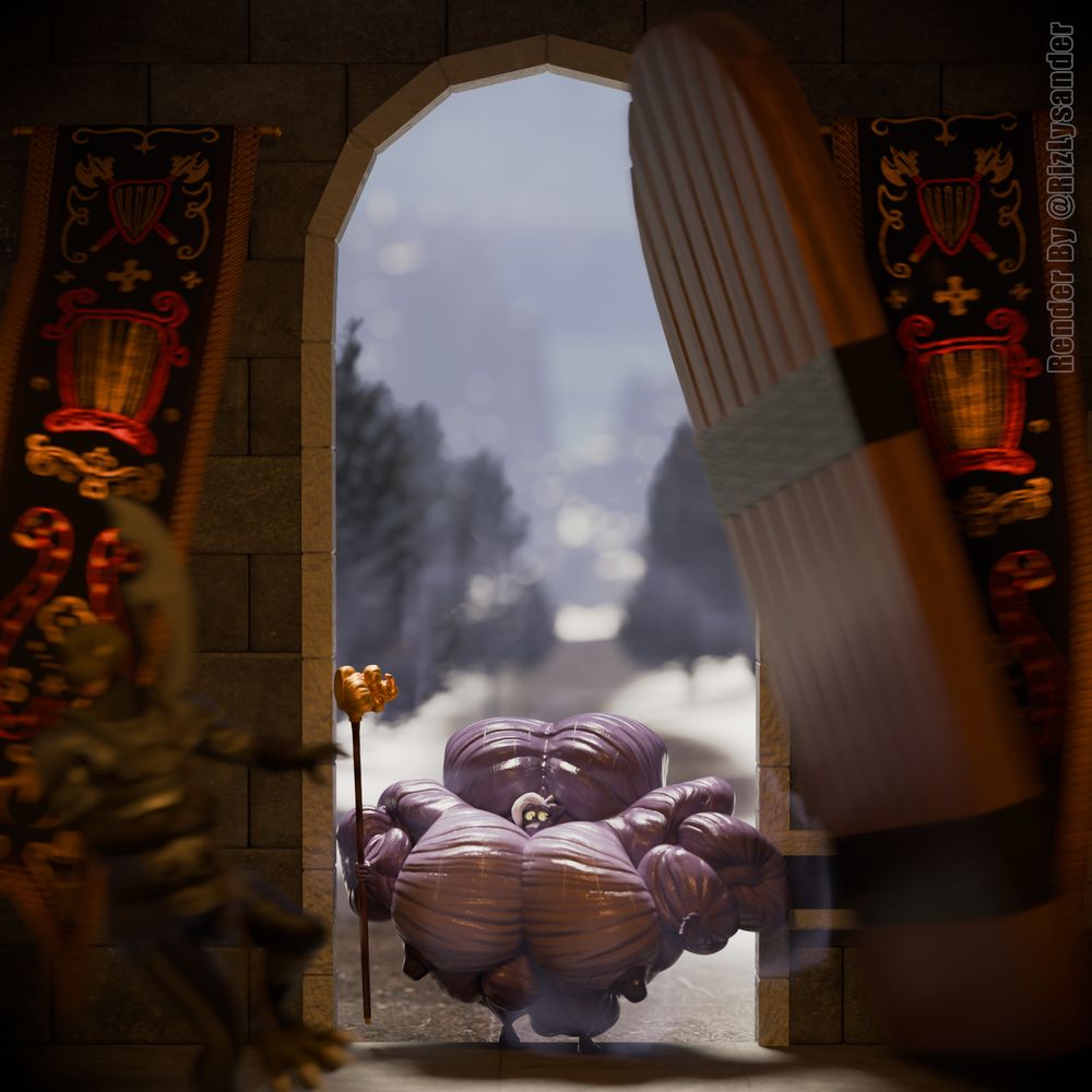 Scrungles, a light purple colored reptilian kobold is throwing open a door to some sort of castle interior. Scrungles is hyper muscled, carrying a staff with a incredibly muscled flexing arm on it. The door he's throwing open is broken and at an angle as Scrungles broke it. A guard is being thrown aside by the violent action. Scrungles looks concerned about the accident. Scrungles is emitting steam and musk, as well as dripping with sweat.