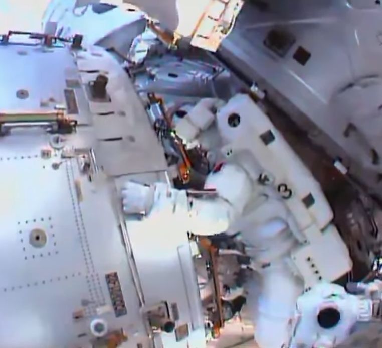 Outside the ISS in July 2013, Parmitano stuck wedged in between components as water fills his helmet