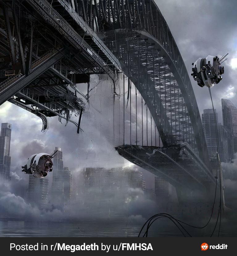 With band logo and Vic mascot removed, this version of the artwork for Megadeth's 2016 album Dystopia suggests a NYC in ruins.