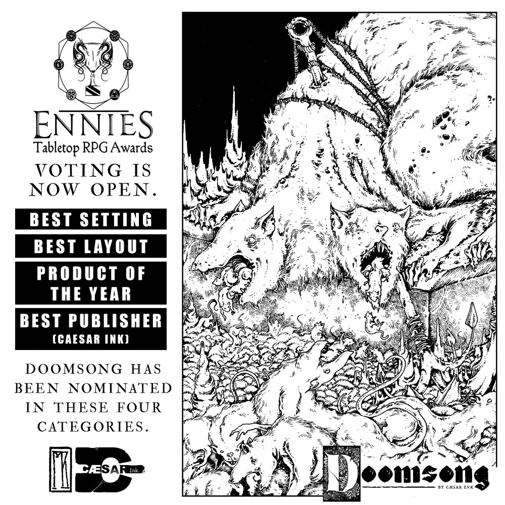 Voting is now open. Doomsong has been nominated for Best Setting, Best Layout, and Product of the Year. Caesar Ink has been nominated for the fan award for Best Publisher.

Also there's a picture of a three headed rat vomiting up smaller rats. It's pretty sick.

VOTE NOW