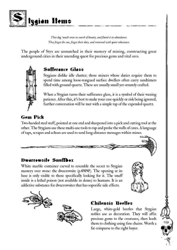 A page from Thou Shalt Not Suffer The Wycce, detailing some common items from Styx.
