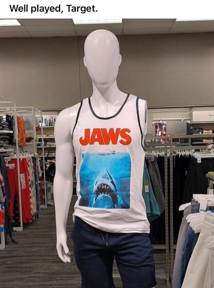 JAWS shirt on a mannequin that is missing one arm