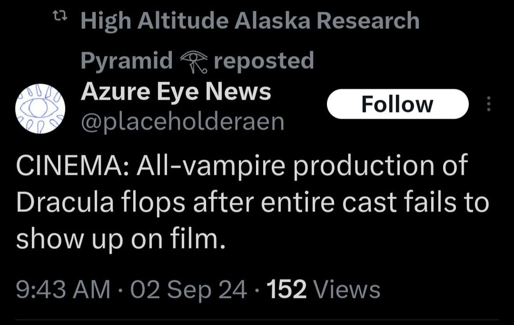 "All-vampire production of DRACULA flops after entire cast fails to show up on film."
