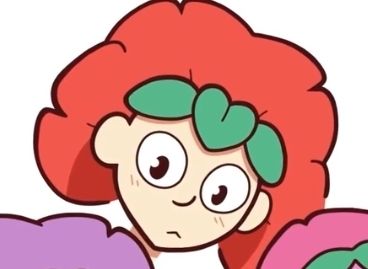 A still from the Leaves video with Ulden, a red petalled character, looking down with a little triangular cat like mouth expression.